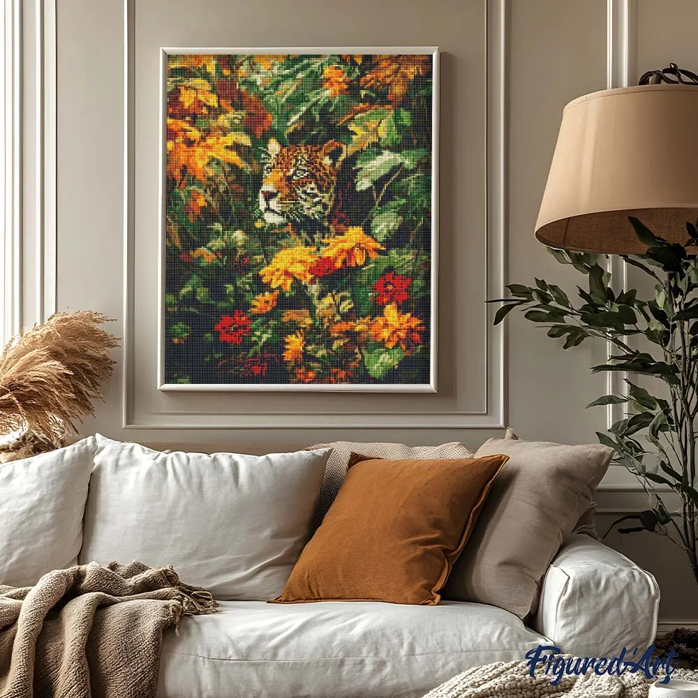 Figured'Art Luipaard in de herfst diamond painting 40x50 cm rond