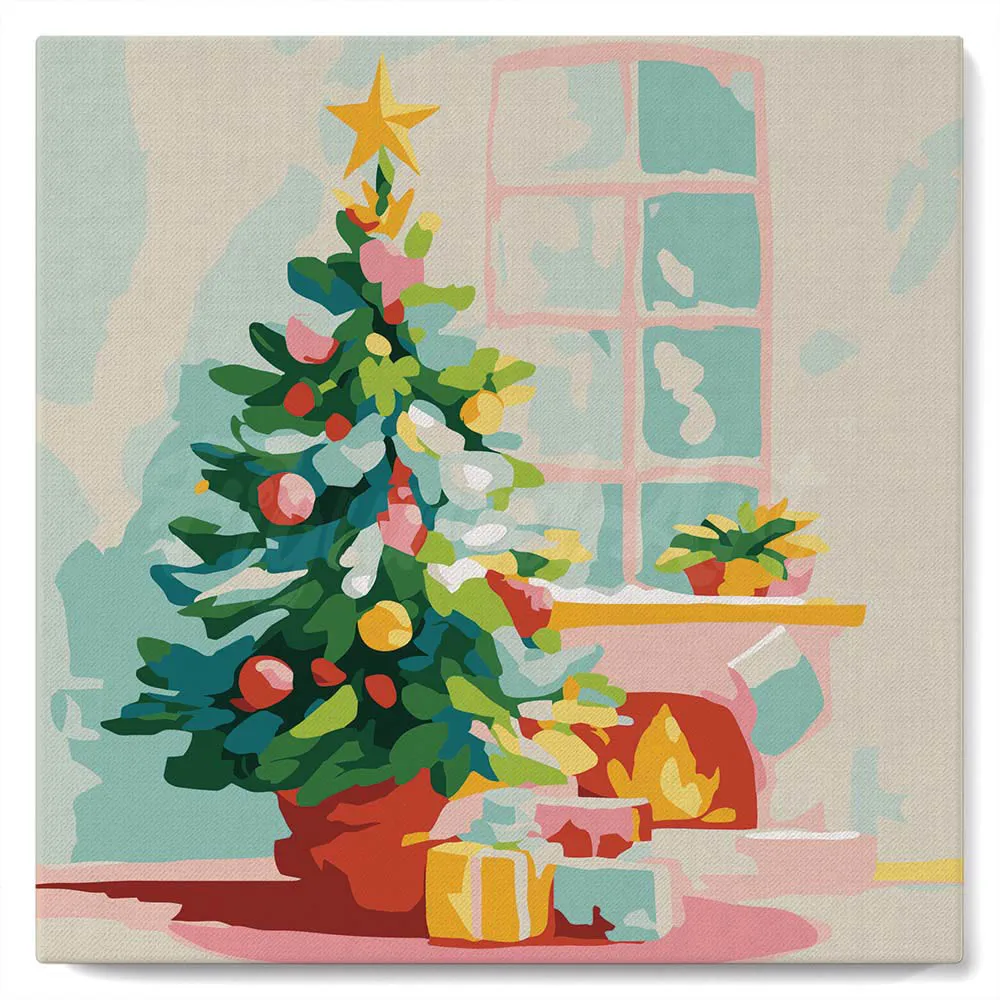 Figured'Art Mini Schilderen op Nummer Kerstboom open haard 20x20 ingelijst