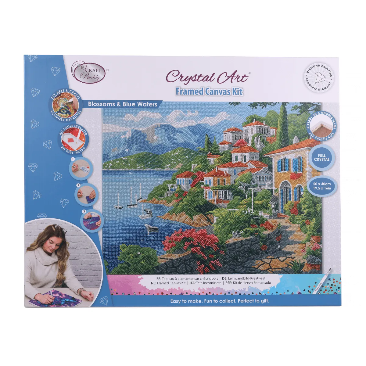 Craft Buddy Crystal Art Blossoms Blue Waters canvas 50x40cm lijstklaar
