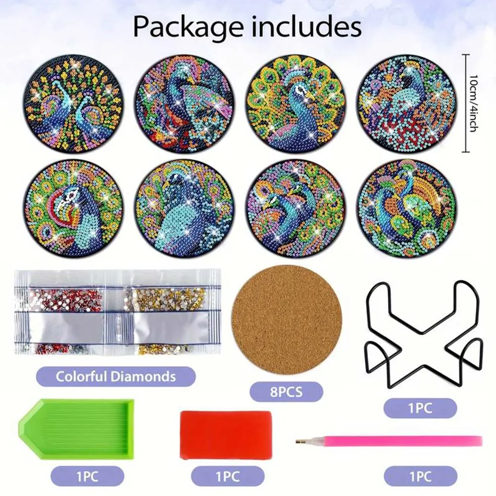 Figured'Art Pauw onderzetters diamond painting 5D 8 stuks kurk