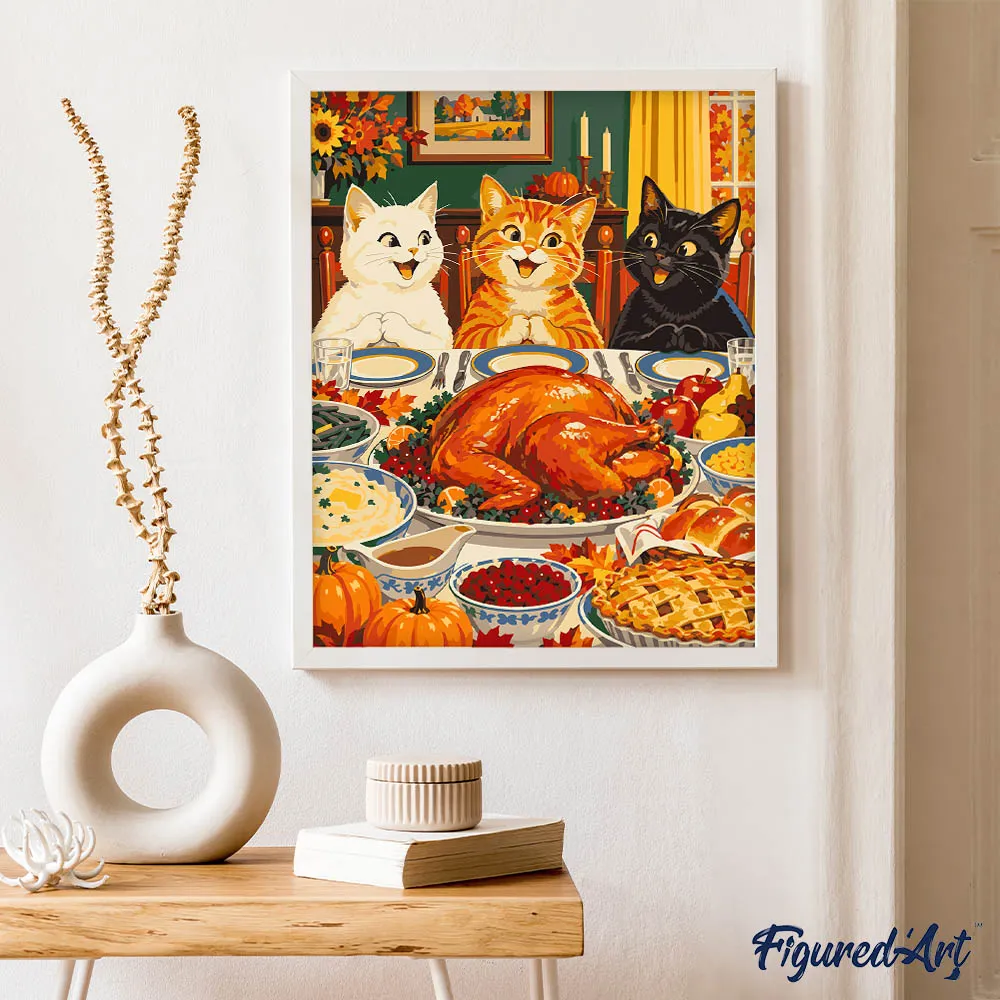 Figured'Art Thanksgiving Katten aan Tafel schilderen op nummer 40x50 cm