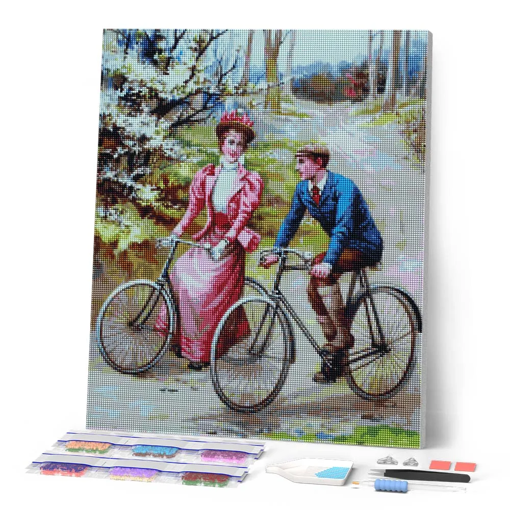 Figured'Art Fietsend stel diamond painting 40x50 cm vintage