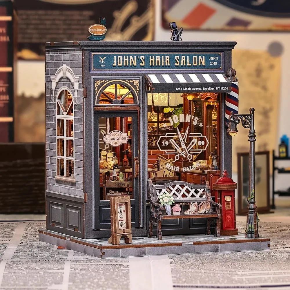 Figured'Art Johns Kapsalon miniatuurhuisje met LED-verlichting
