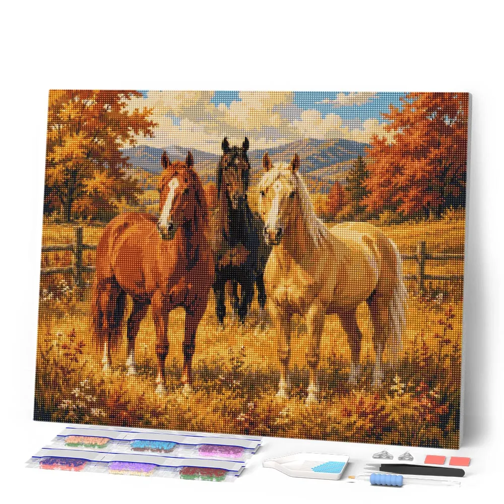 Figured'Art Paarden op de Herfstweide diamond painting 40x50 cm vierkant