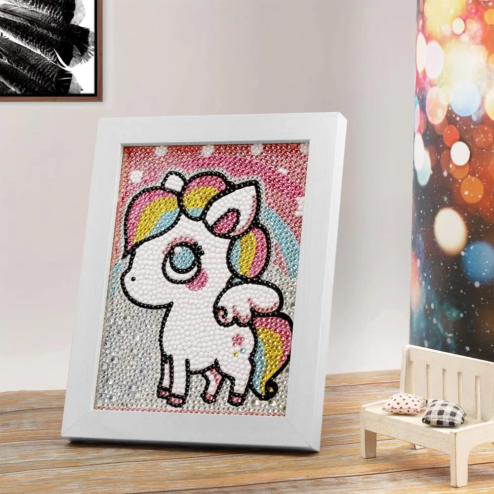 Figured'Art Eenhoorn diamond painting kinderen 15x20cm rond met lijst