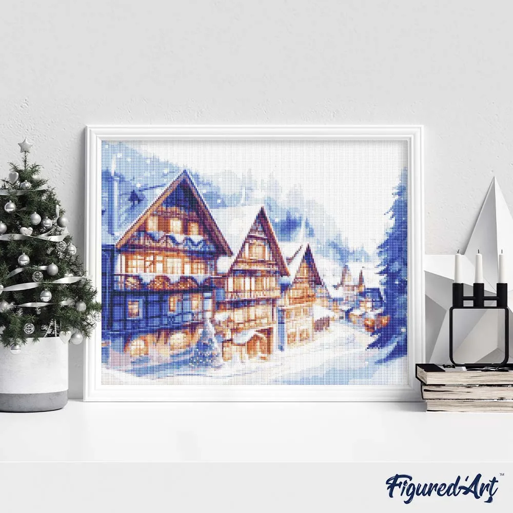Figured'Art Besneeuwd Dorp diamond painting 40x50cm rond winter