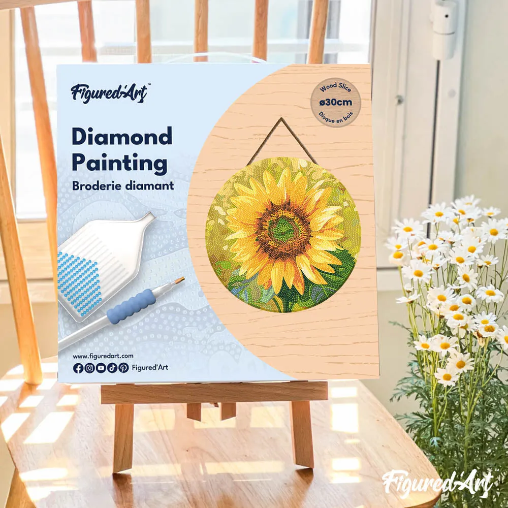 Figured'Art Zonnebloem diamond painting 30 cm houten schijf rond