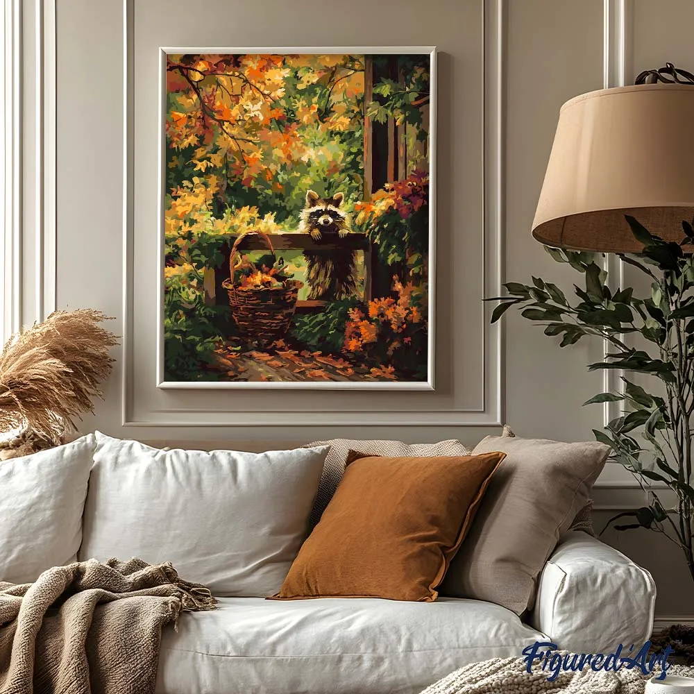 Figured'Art Schattige Wasbeer Herfst schilderen op nummer 40x50 cm gevorderd