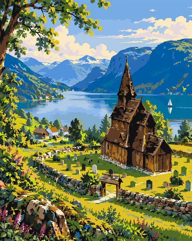 Figured'Art Noorse Fjord en Stavkerk schilderen op nummer 40x50