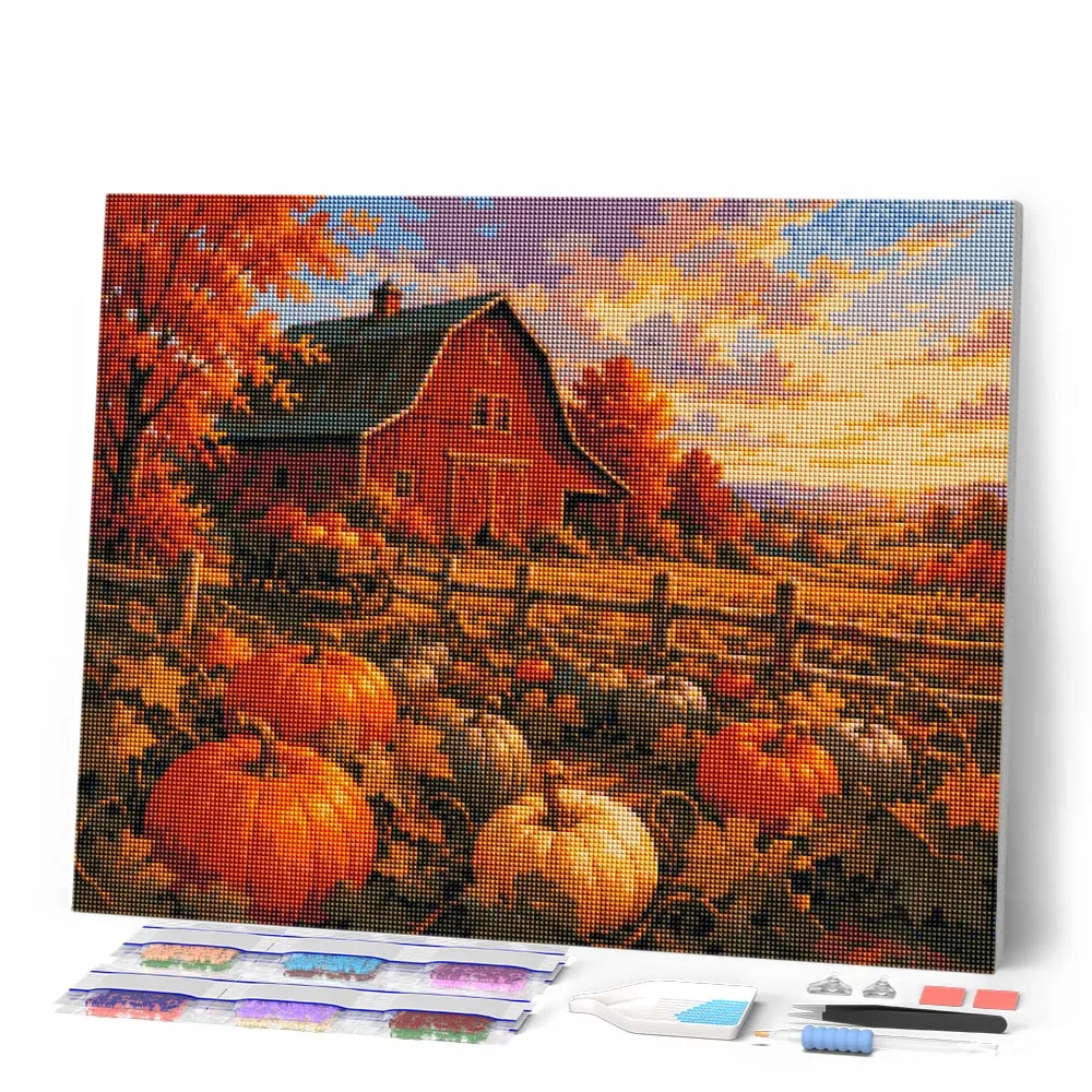 Figured'Art Pompoenenveld diamond painting herfst vierkant rond
