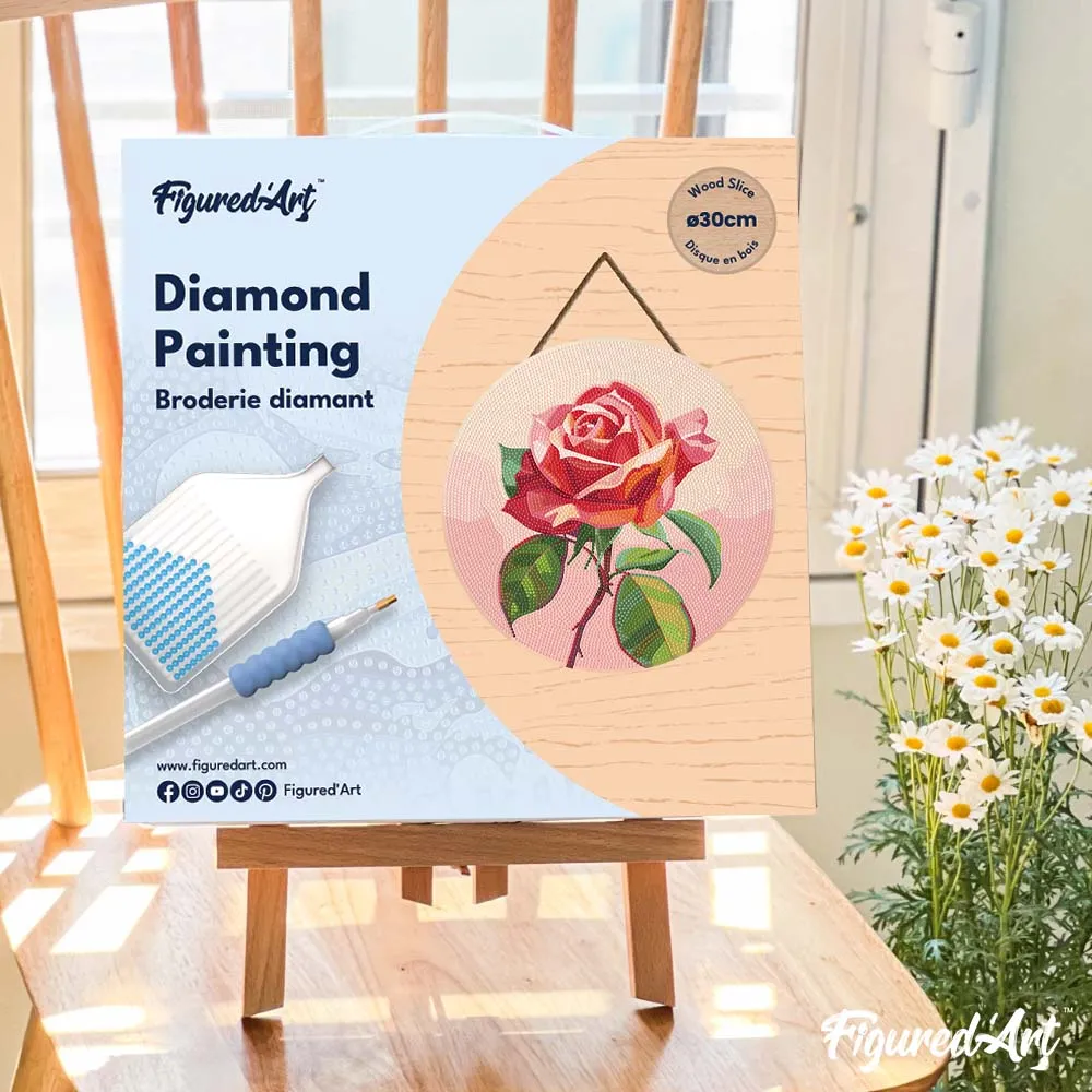 Figured'Art Rode roos diamond painting houten schijf 30 cm