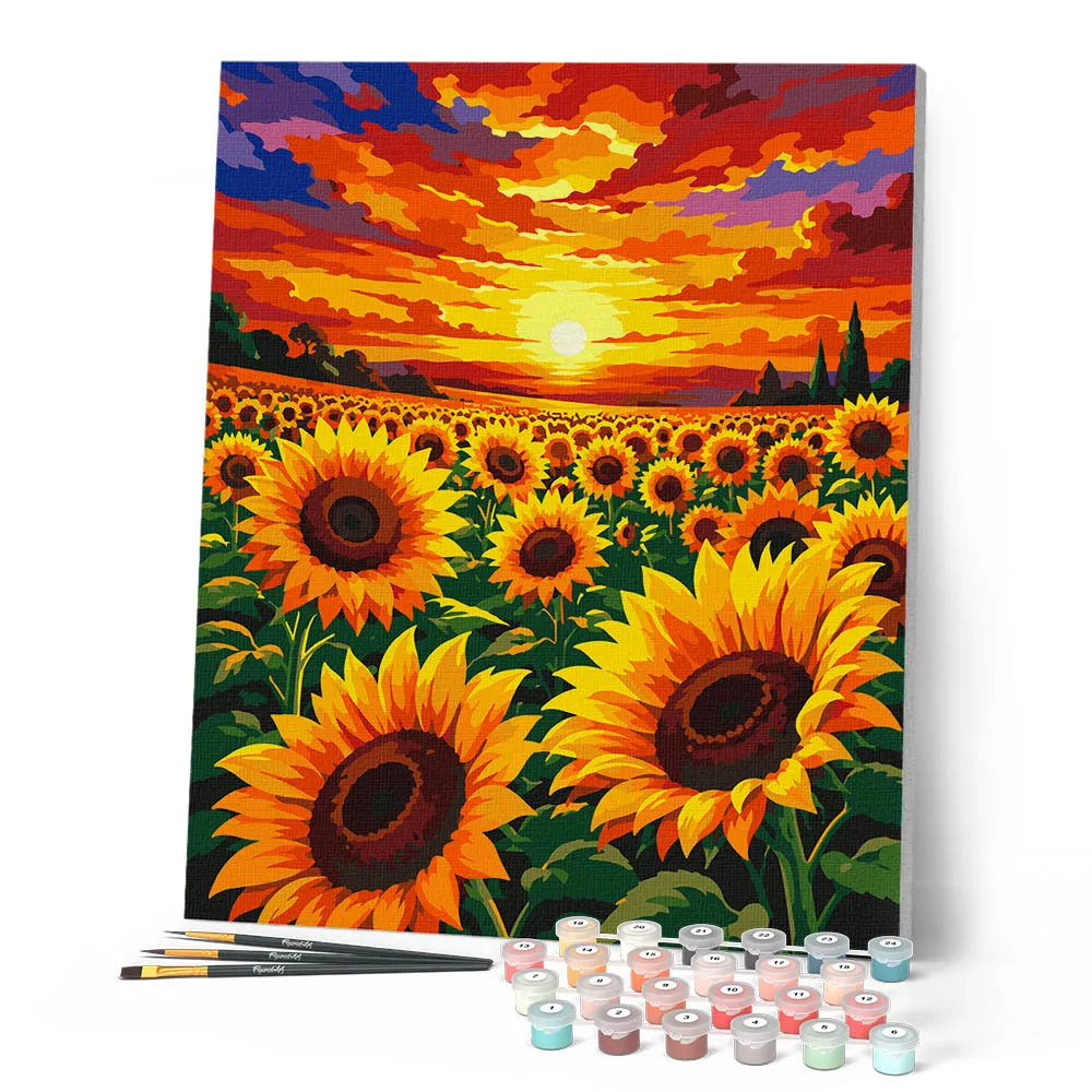 Figured'Art Zonnebloemenveld bij Zonsondergang Schilderen op Nummer 40x50 cm