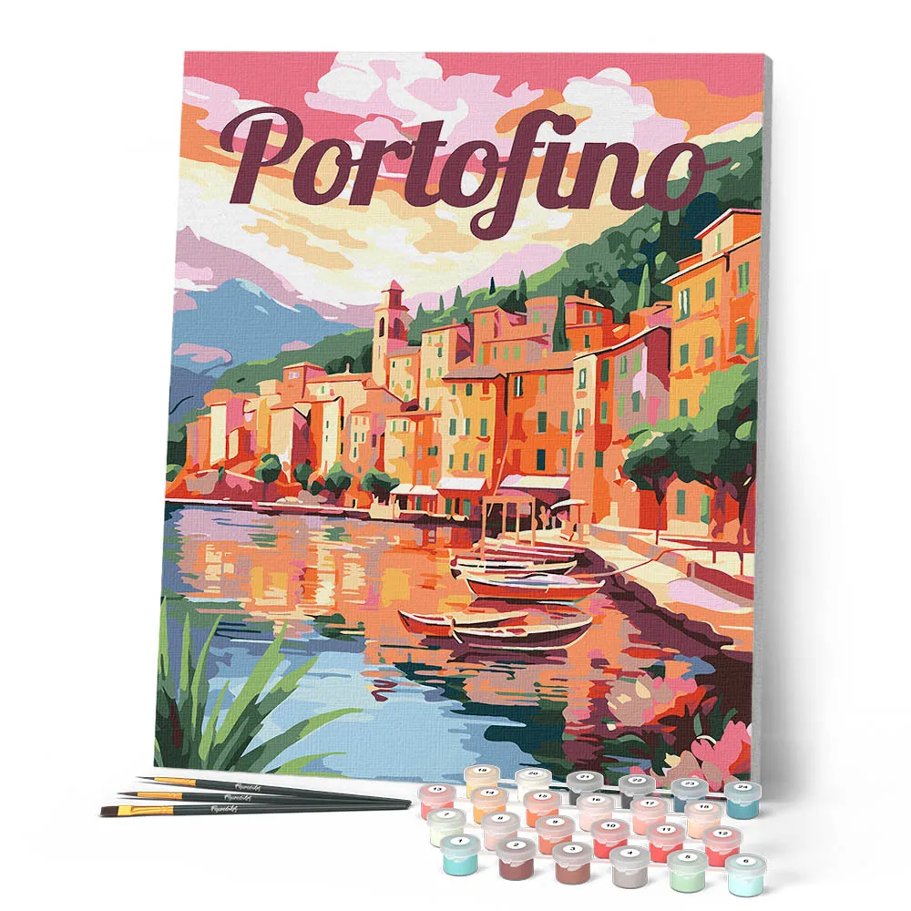 Figured'Art Reisposter Haven van Portofino schilderen op nummer 40x50