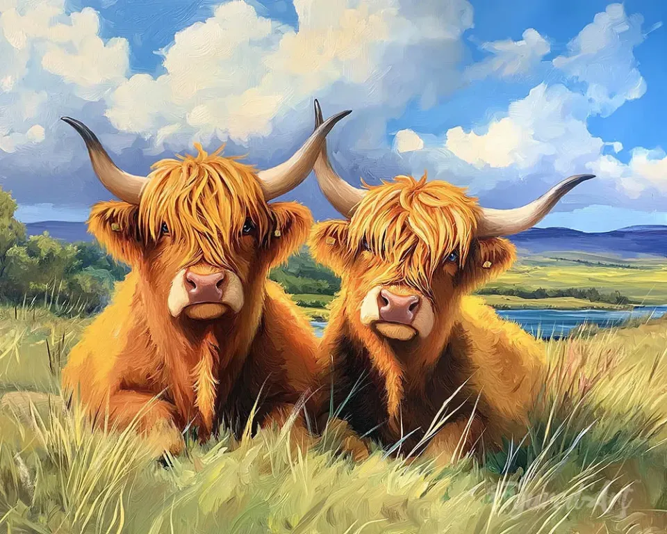Figured'Art Schotse Hooglander in het Gouden Veld schilderen op nummer 40x50cm