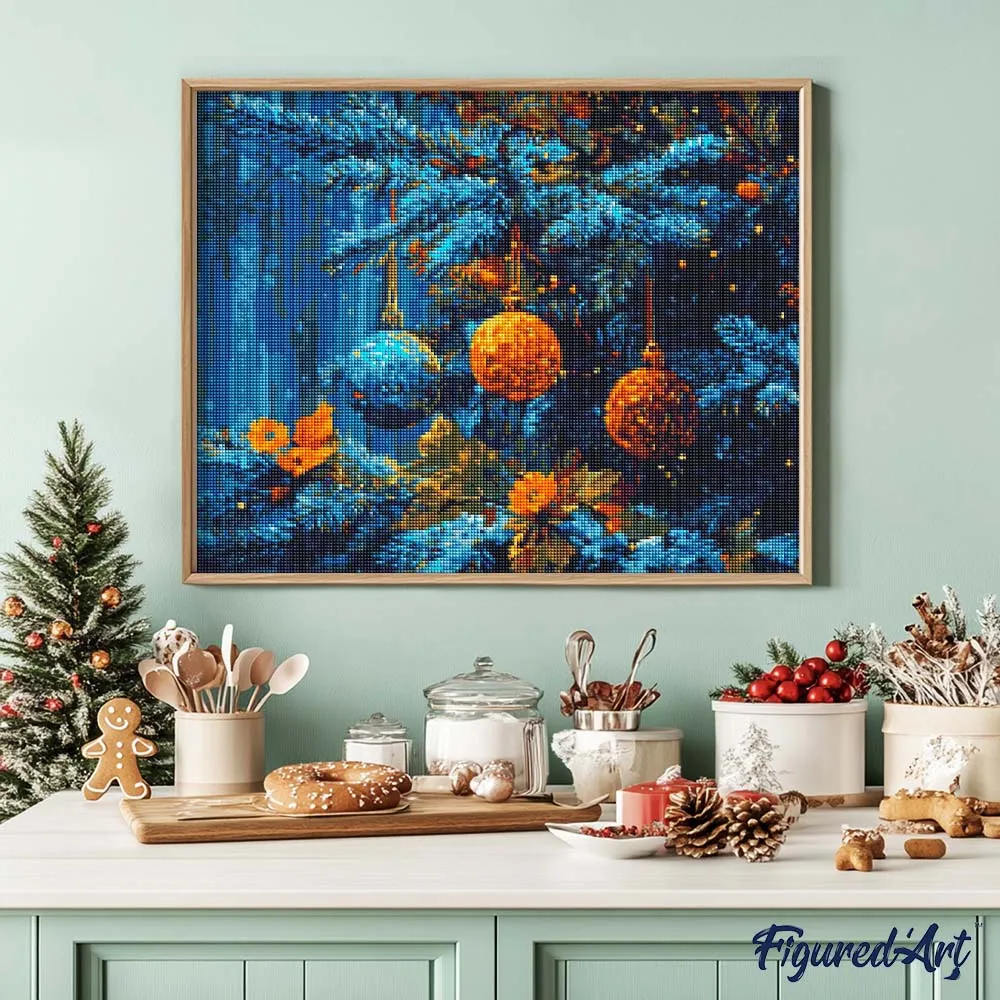Figured'Art Blauwe Spar en Ballen diamond painting 40x50 cm vierkant