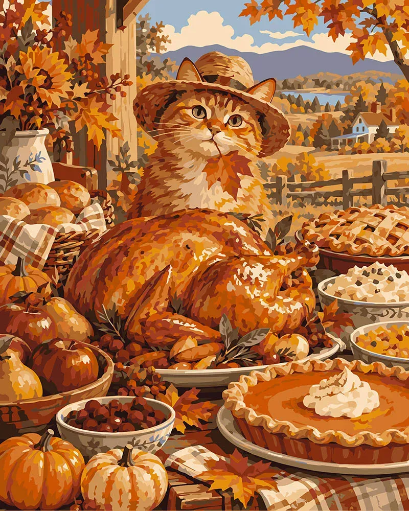 Figured'Art Thanksgiving Kattenfeest schilderen op nummer 40x50