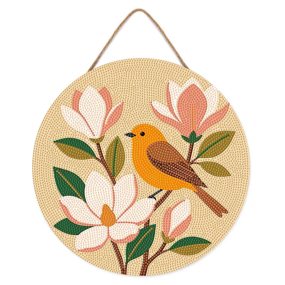 Figured'Art Nachtegaal en magnolia's diamond painting hout 30cm rond