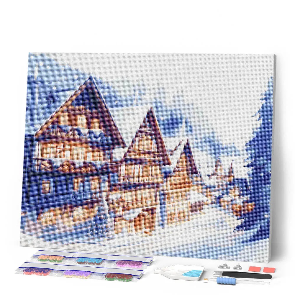 Figured'Art Besneeuwd Dorp diamond painting 40x50cm rond winter