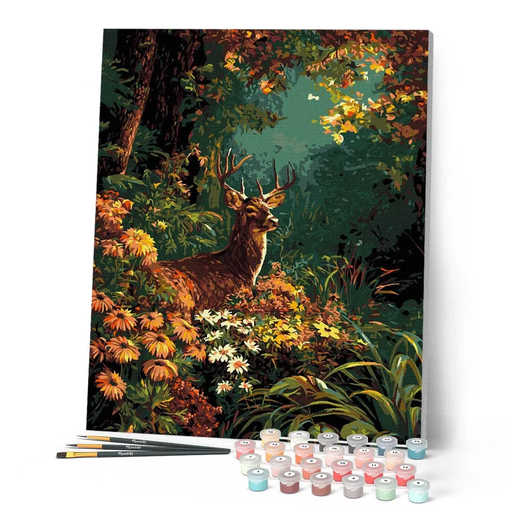 Figured'Art Hert tussen herfstbloemen schilderen op nummer 40x50 cm herfst