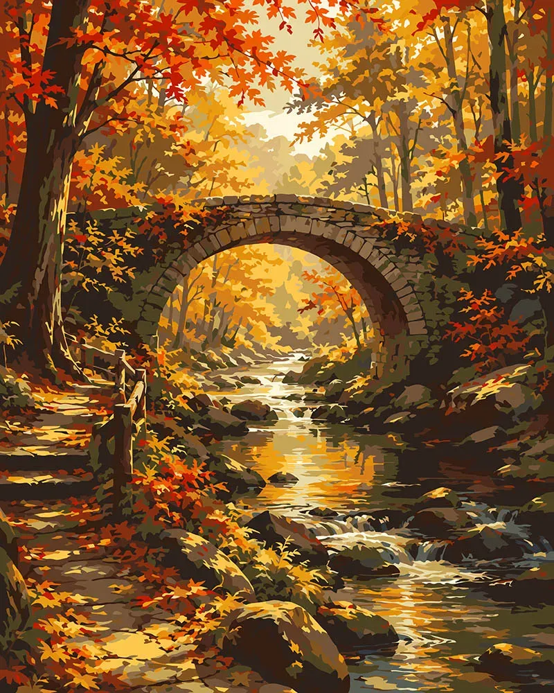 Figured'Art Brug in Herfstbos schilderen op nummer 40x50cm herfst