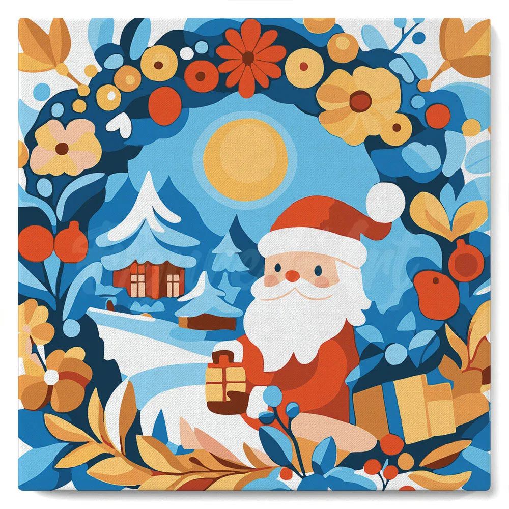 Figured'Art Krans en Kerstman mini schilderen op nummer canvas 20x20cm frame