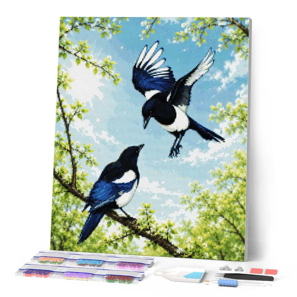 Figured'Art Lente-eksters Diamond Painting Vogels 40x50