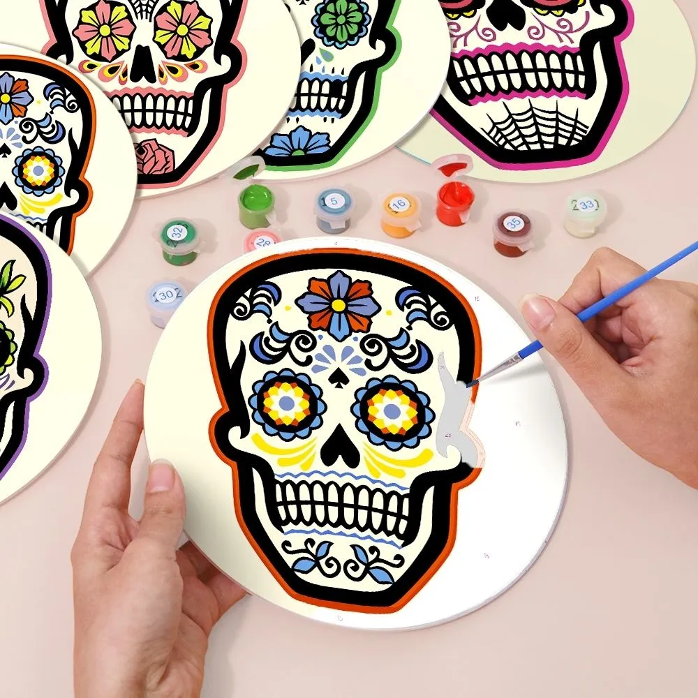 Figured'Art Kleurrijke Doodshoofd placemats schilderen op nummer 20cm 6 stuks