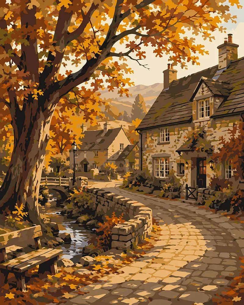 Figured'Art Herfstdorp Pad canvas schilderen op nummer 40x50 cm herfst