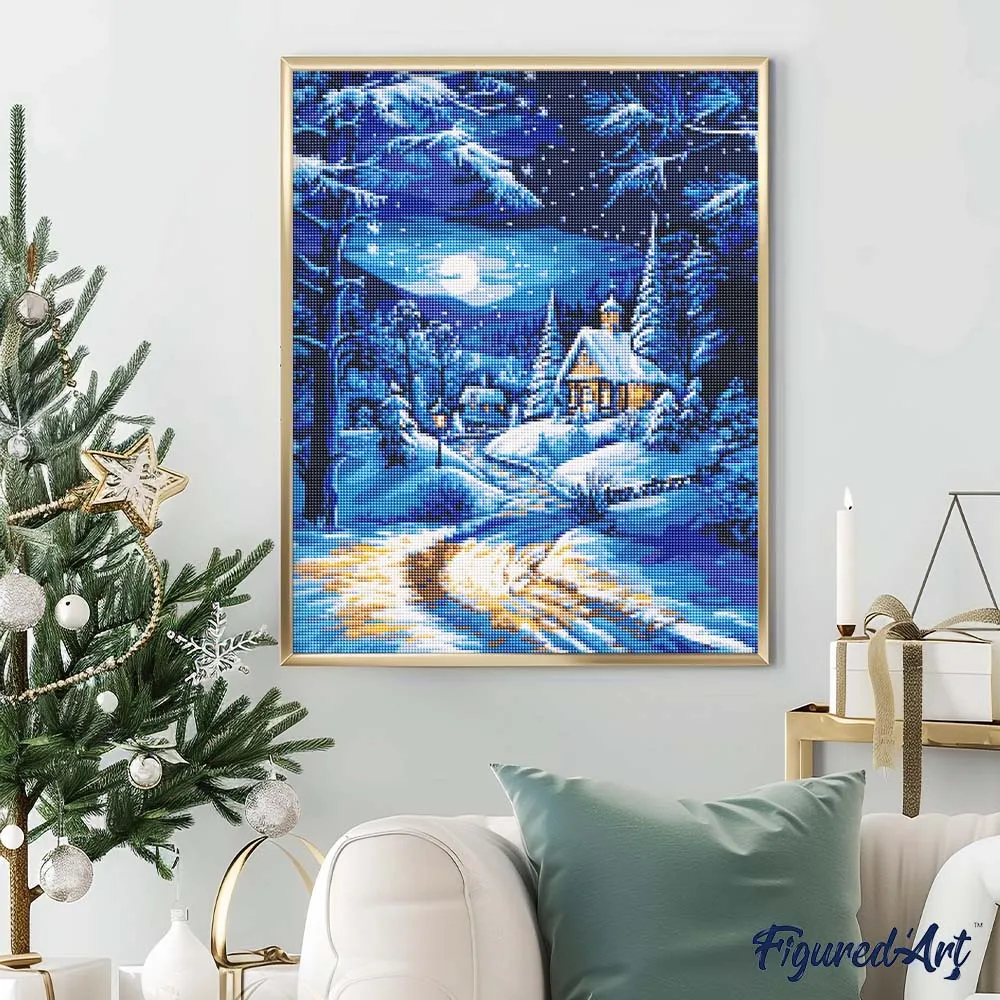 Figured'Art Winterhuisje bij Maanlicht diamond painting 40x50 cm