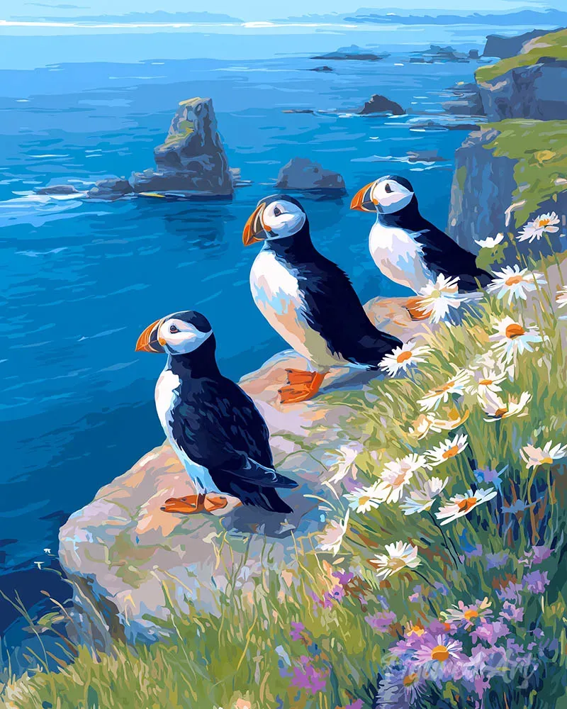 Figured'Art Papegaaiduiker bij de Oceaankliffen Schilderen op Nummer 40x50 cm Gemiddeld
