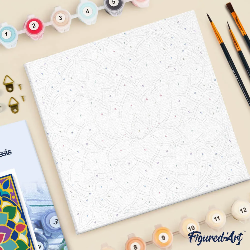 Figured'Art Lotusmandala mini schilderen op nummer canvas 20x20cm met frame