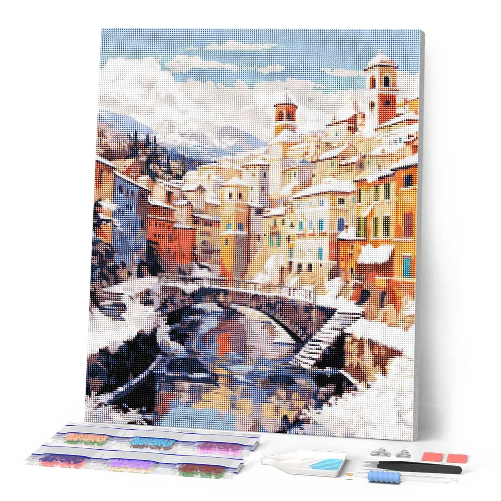 Figured'Art Winterdorp aan de rivier diamond painting full drill