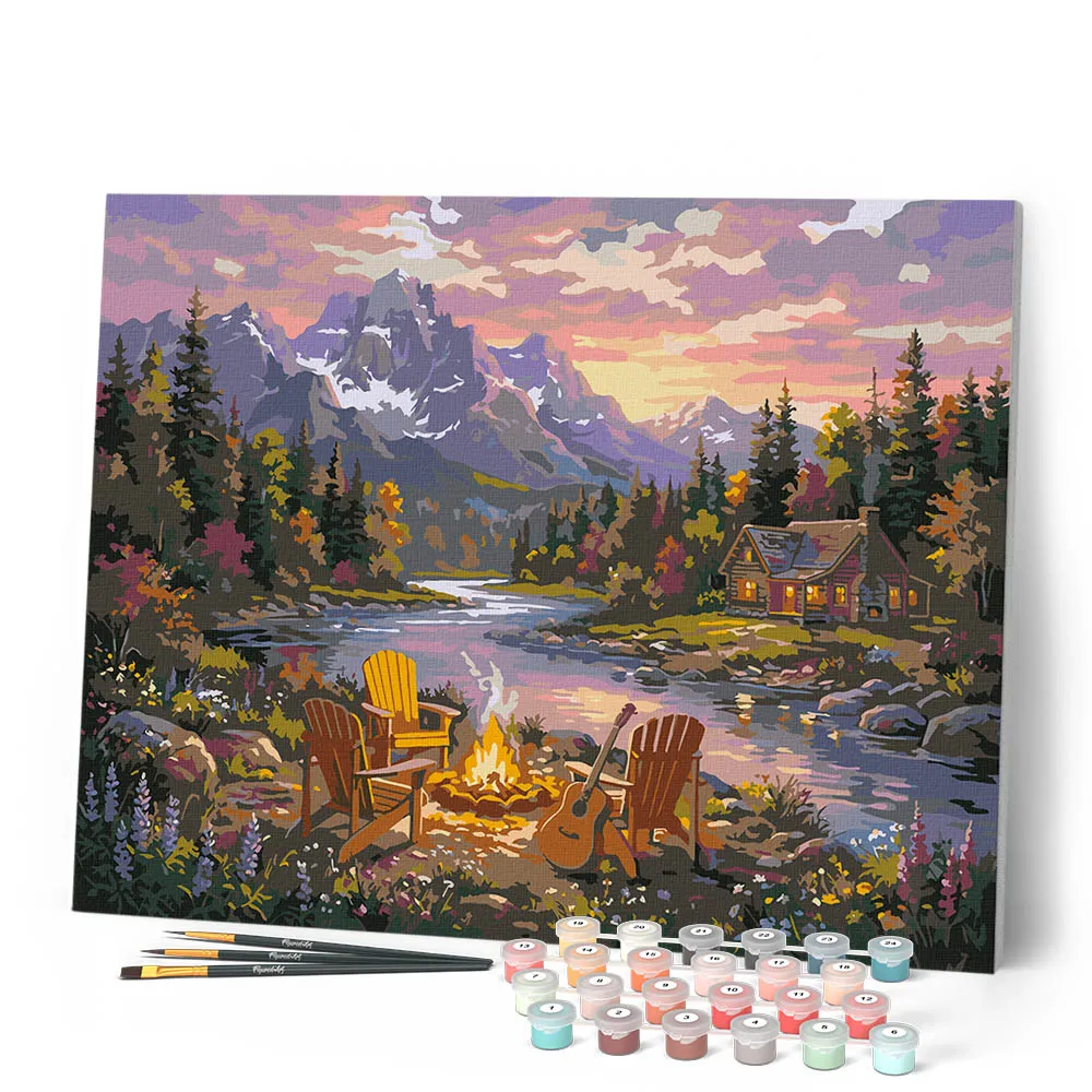 Figured'Art Kampvuur aan rivier schilderen op nummer canvas 40x50 cm