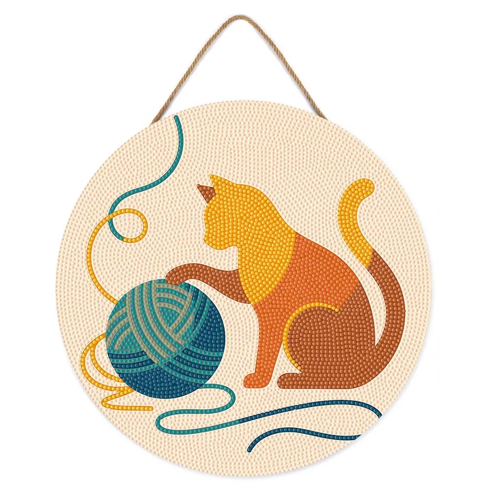 Figured'Art Kat en bol garen diamond painting hout 30 cm rond
