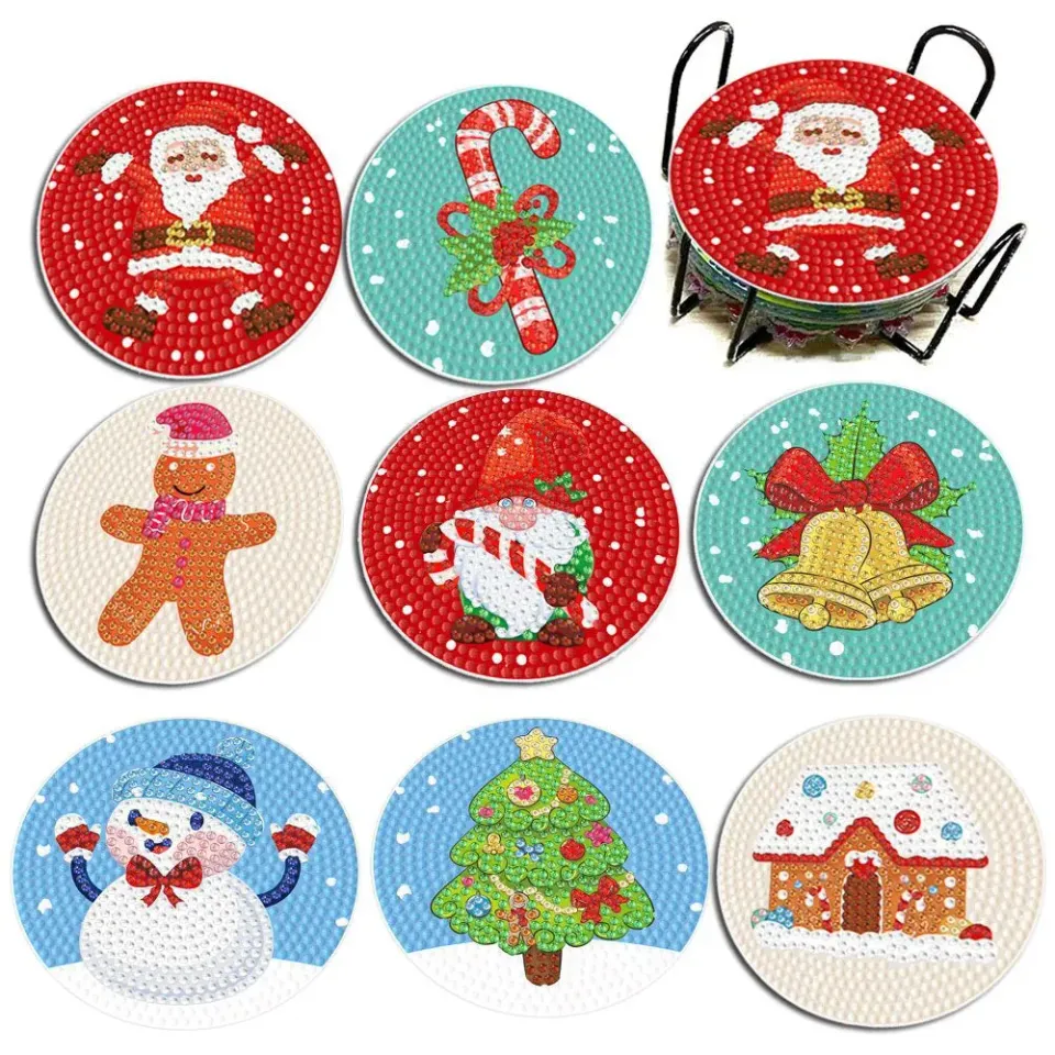 Figured'Art Kerstmis Diamond Painting Onderzetters 10x10cm 8 Stuks Hout