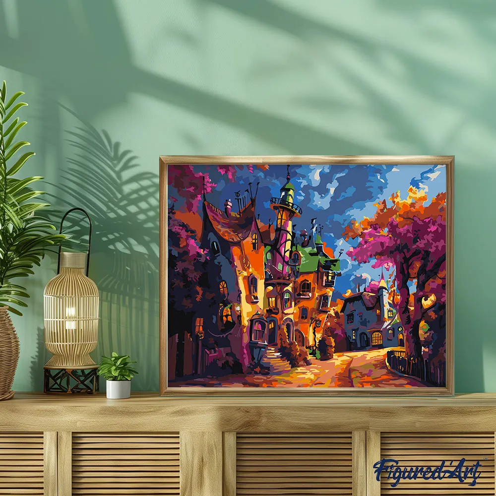 Figured'Art Fantasiedorp schemering schilderen op nummer 40x50cm