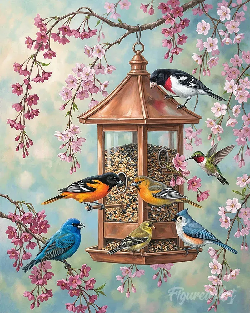 Figured'Art Kersenbloesemvogels diamond painting 40x50cm rond