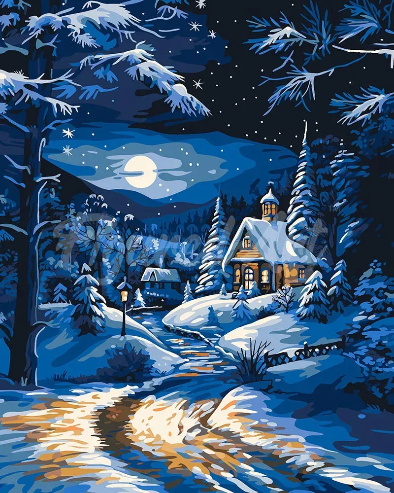 Figured'Art Winterhuisje bij Maanlicht schilderen op nummer 40x50cm