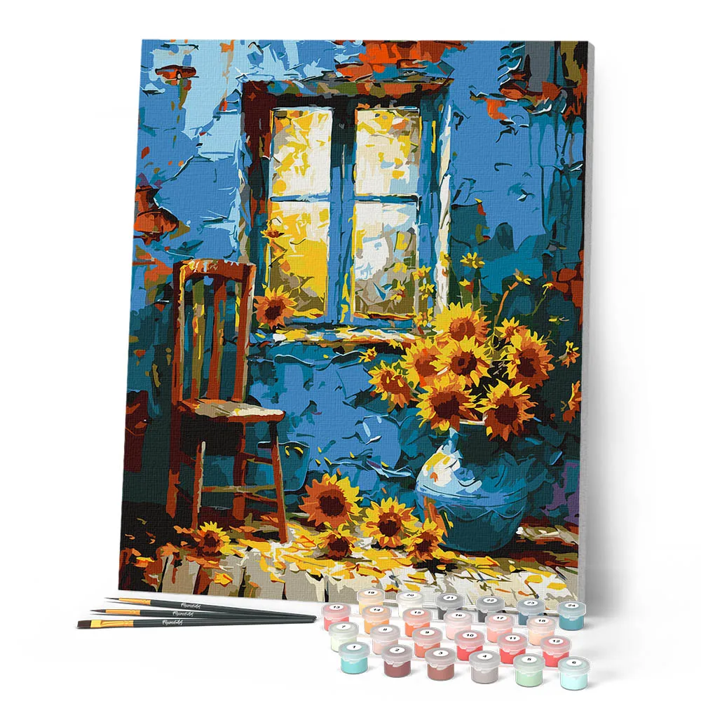 Figured'Art Zonnebloemen bij het blauwe raam schilderen op nummer 40x50 cm stilleven