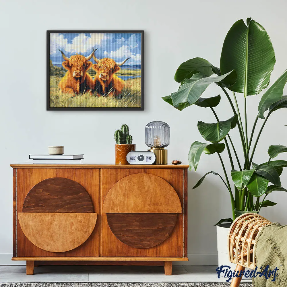 Figured'Art Schotse Hooglander Diamond Painting Gouden Veld Rond