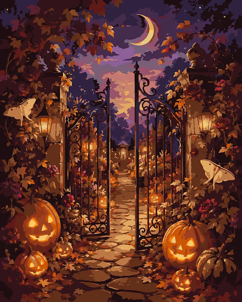 Figured'Art Tuinhek Halloween-pompoenen schilderen op nummer 40x50