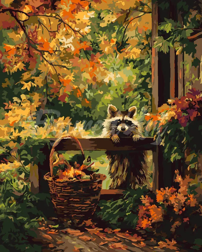 Figured'Art Schattige Wasbeer Herfst schilderen op nummer 40x50 cm gevorderd