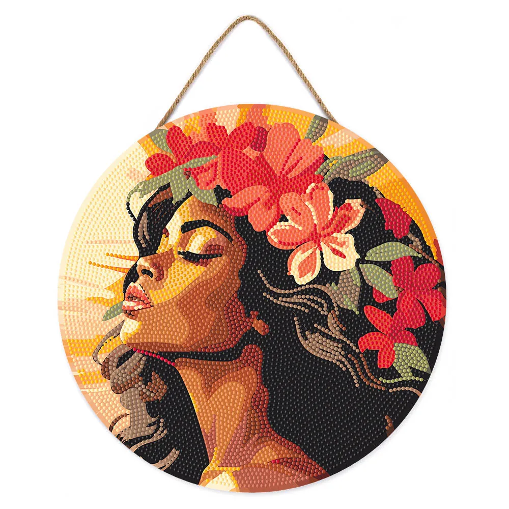 Figured'Art Bloemenvrouw diamond painting houten schijf 30cm rond