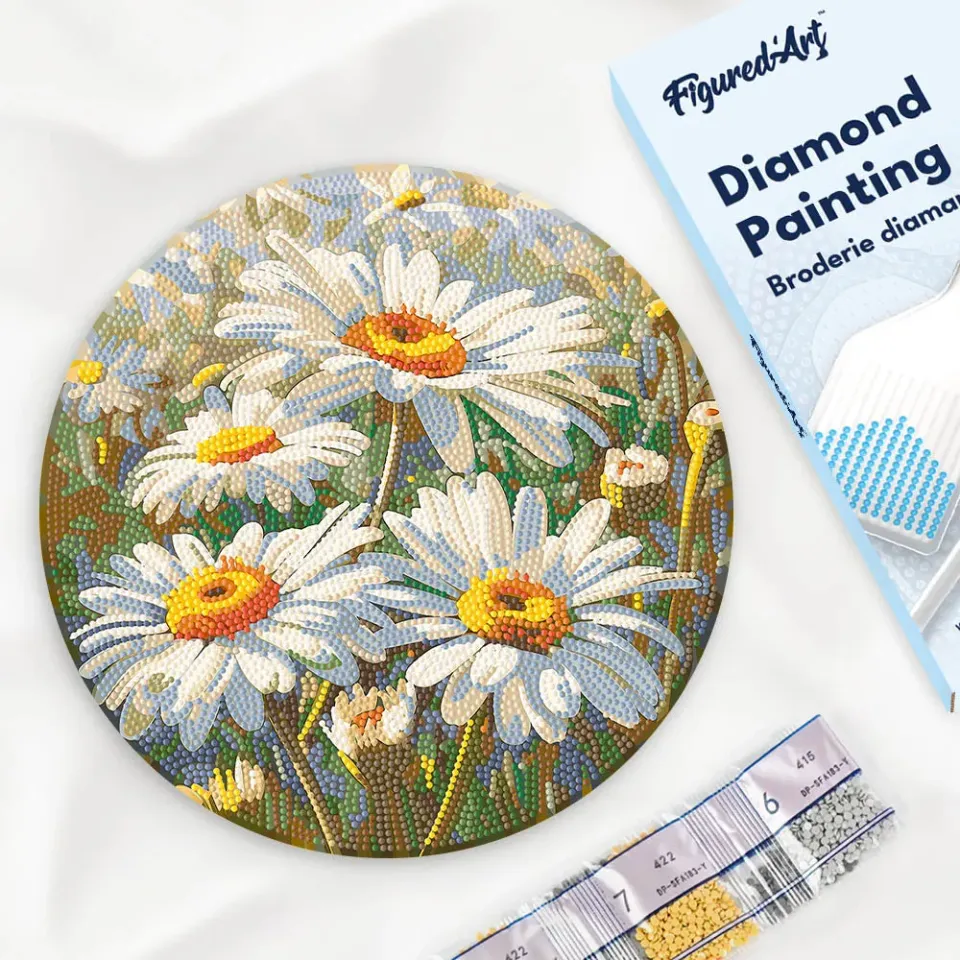 Figured'Art Madeliefjes diamond painting hout 30 cm rond full drill