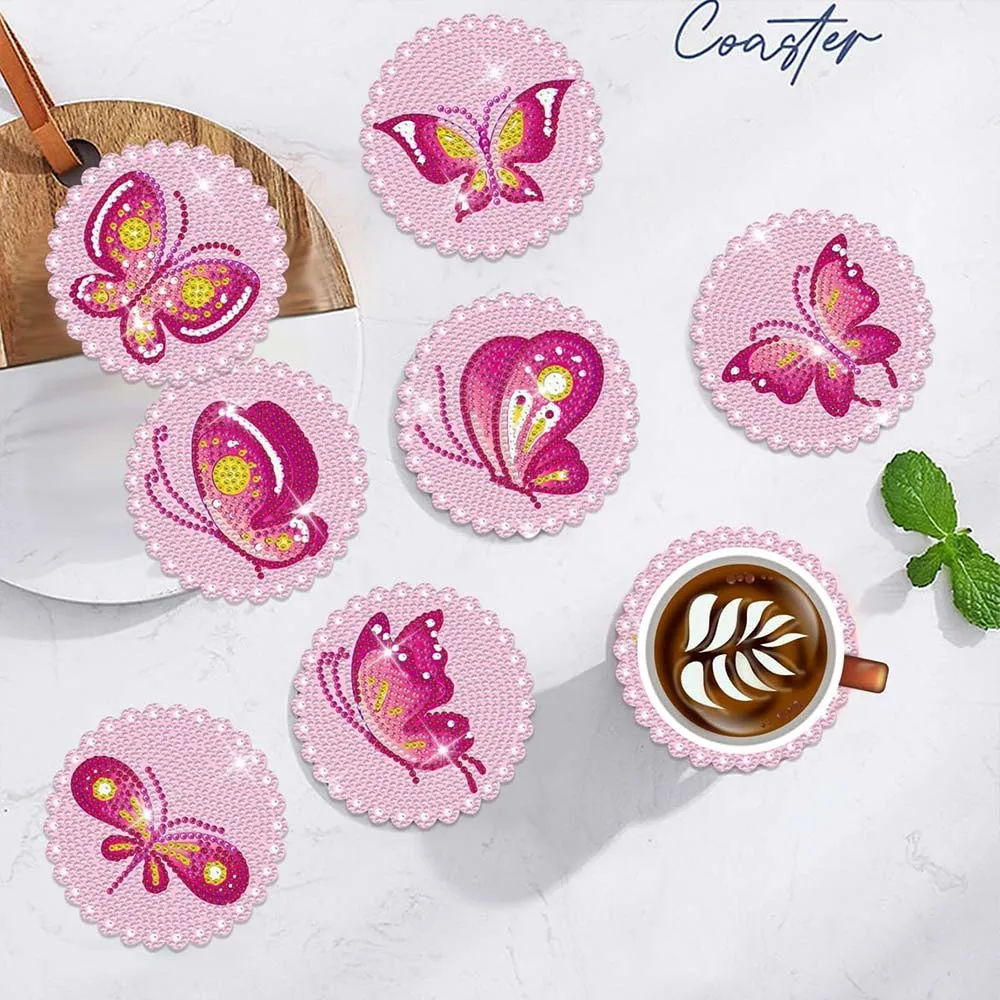 Figured'Art Roze Vlinders diamond painting onderzetters 10x10cm 8 stuks