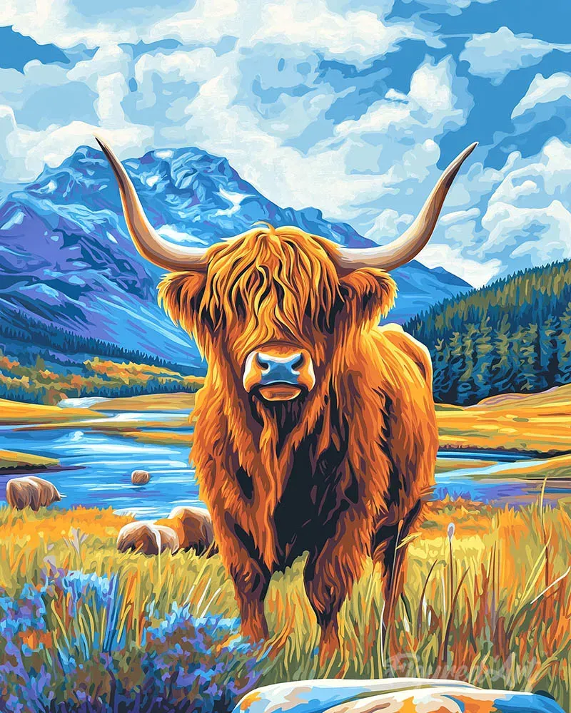 Figured'Art Schotse Hooglander bij het meer diamond painting 40x50 cm