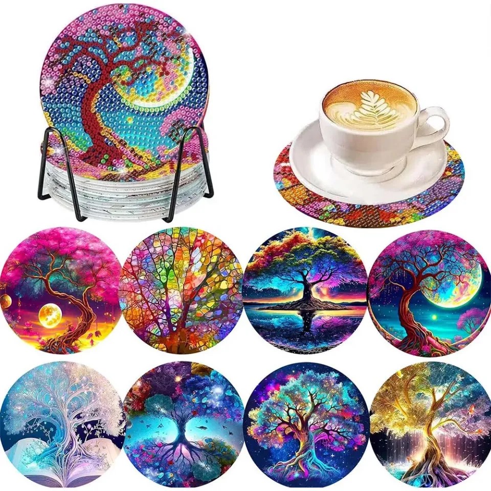 Figured'Art Levensboom diamond painting onderzetters 8 stuks kurk