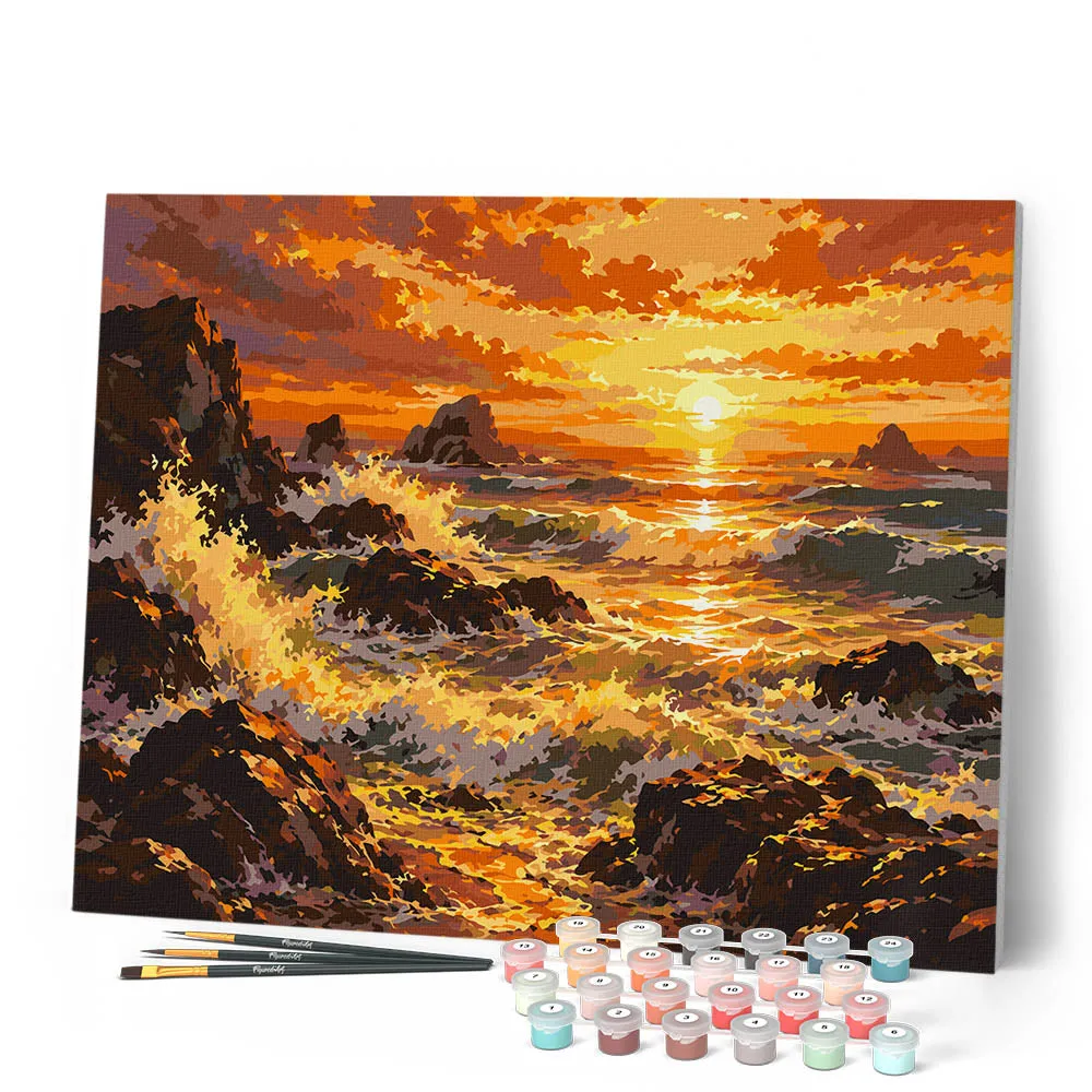 Figured'Art Gouden Golven schilderen op nummer canvas zee landschap
