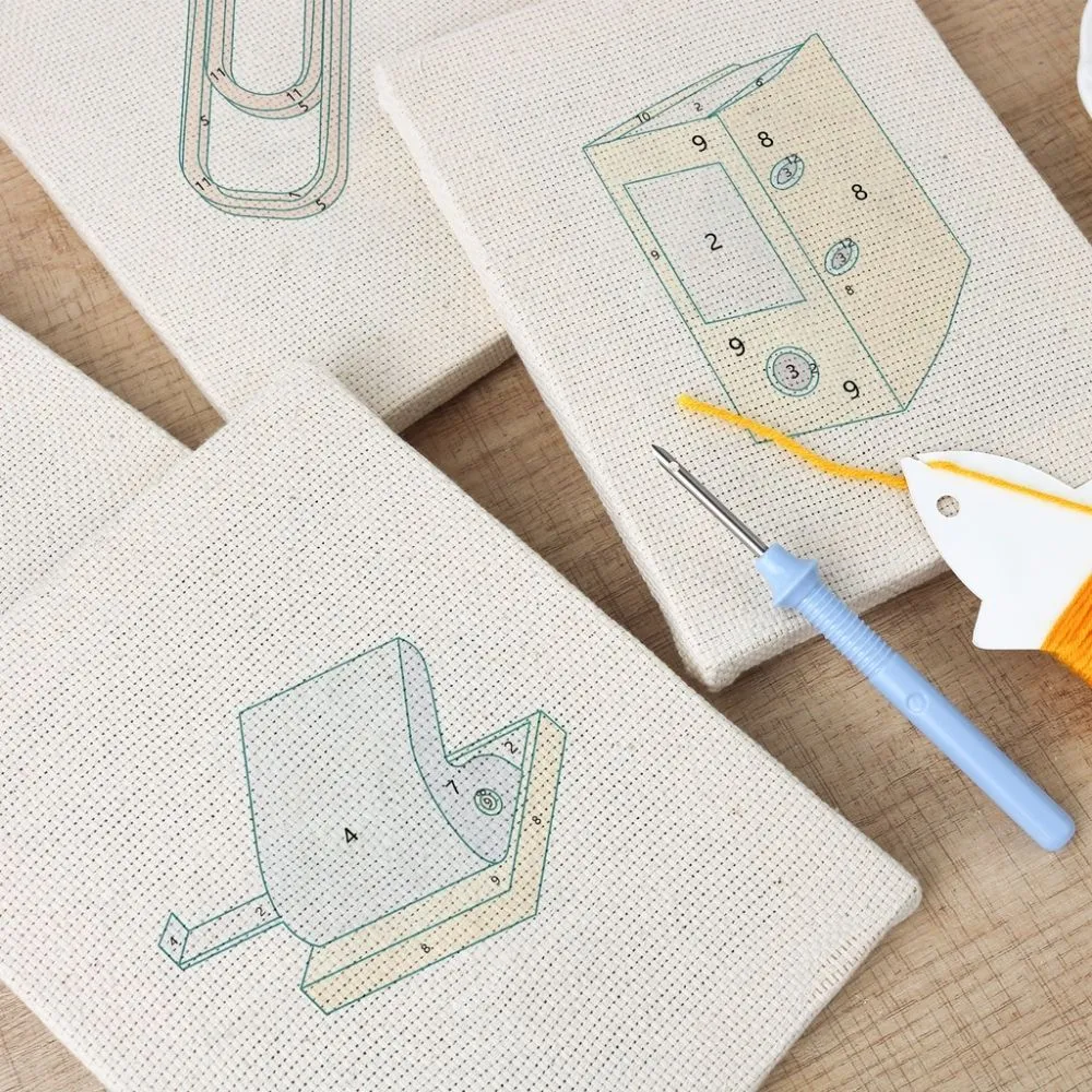 Figured'Art Kantoor en Bureau punch needle set 4 stuks met frame