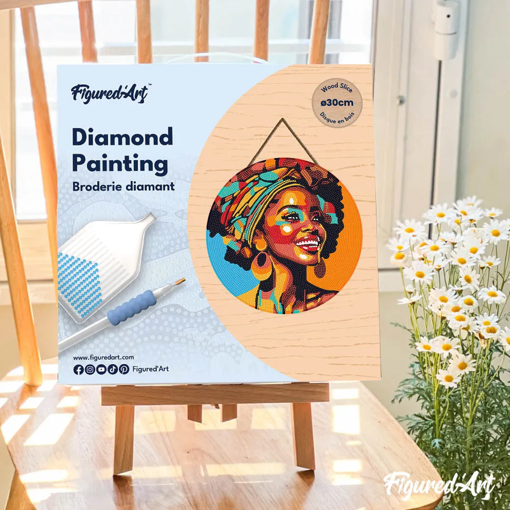 Figured'Art Afrikaanse Koningin Pop Art diamond painting hout 30 cm rond